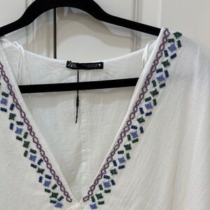 Zara White V-Neck Top with Purple, Blue & Green Bead Embroidery